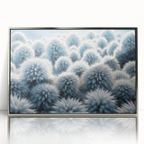 Close-up of frost pattern on ice in a silver framed acrylic print, displaying cool blue and white tones.