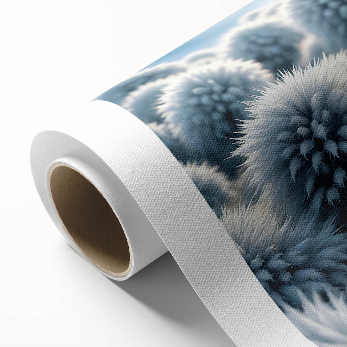 Art Deco style poster of frost patterns on ice in muted blue tones, rolled canvas, ideal for nursery wall art.