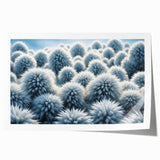 Close-up of frost patterns on ice in muted gray and blue tones, printed on rolled canvas.