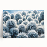 Close-up image of frost patterns in black and white on stretched canvas, ideal for kitchen wall art.