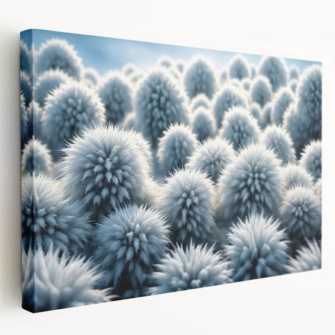 Close-up of frost patterns on ice in muted blue and white tones, printed on stretched canvas, suitable for kitchen wall art.