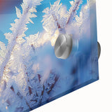 Large abstract acrylic print featuring intricate frost designs in cool blue and white tones, ideal for dining room art.