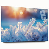 Large abstract wall art featuring frost patterns in blue and white tones on acrylic glass.
