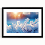 Abstract art print featuring a frost-like textured design in vibrant blues and whites, framed in black.