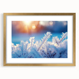 Textured art of abstract frost patterns in cool blue and white tones, framed in gold, ideal for bedroom art.