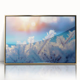 Mid-century modernist art of a frost design in muted gray tones, acrylic print framed in gold.