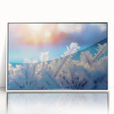 Frosted leaf pattern on a large art print, in muted white and blue tones, framed in acrylic.