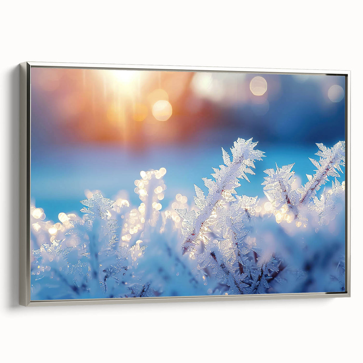 Framed canvas featuring a close-up of frost patterns in silver and black, ideal for extra large living room wall art.
