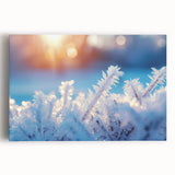 Black and white close-up photo of frost patterns on ice, printed on large stretched canvas, ideal for kitchen wall art.