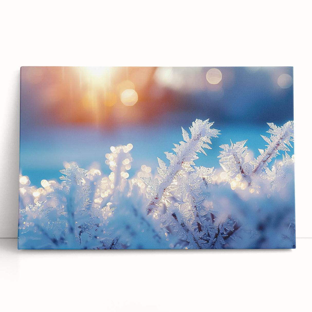 Black and white close-up photo of frost patterns on ice, printed on large stretched canvas, ideal for kitchen wall art.