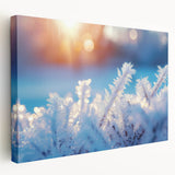 Close-up of frost patterns on ice in muted blue and white tones on a stretched canvas, suitable for kitchen wall art.
