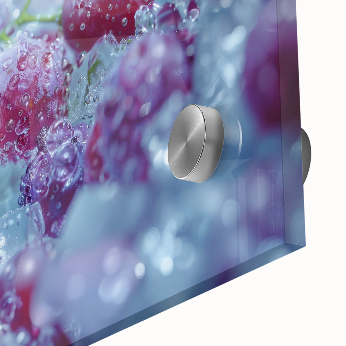 Large abstract wall art on acrylic glass featuring a close-up of frost patterns in gray and blue tones.