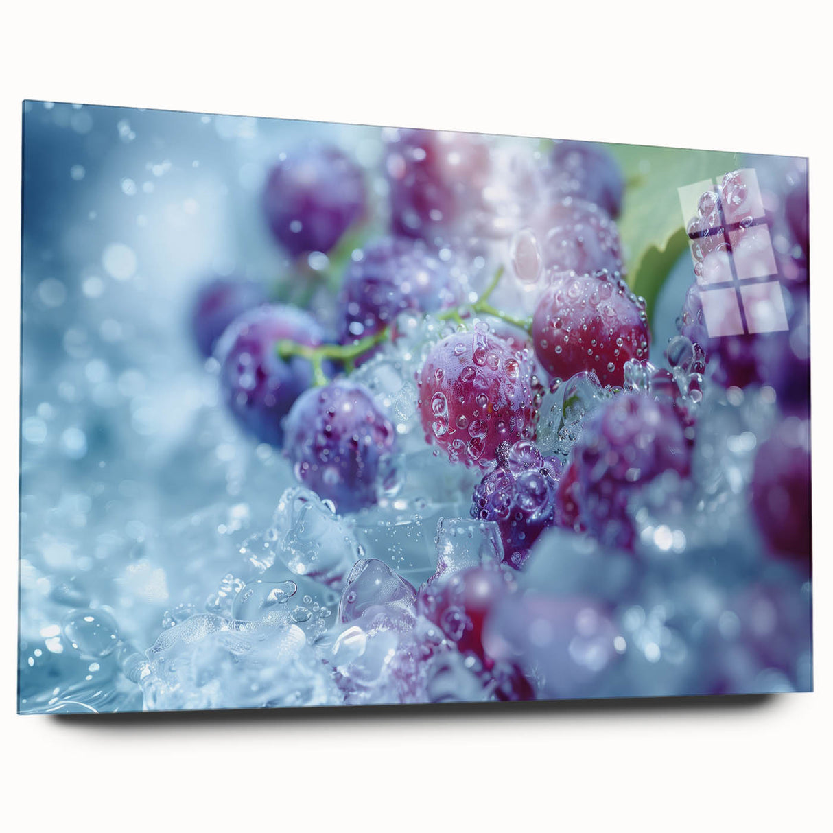 Close-up image of frost patterns on acrylic glass, in cool blue and white tones, ideal for bedroom or dining room art.
