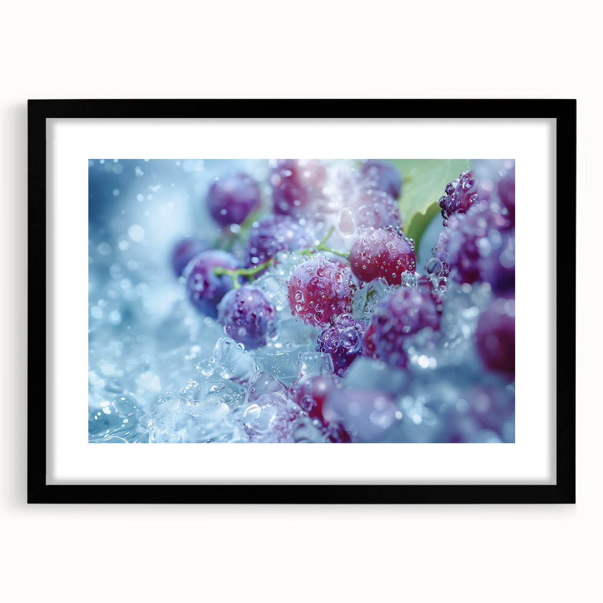 Close-up abstract art print featuring textured frost patterns in vibrant blues and whites, framed in black.