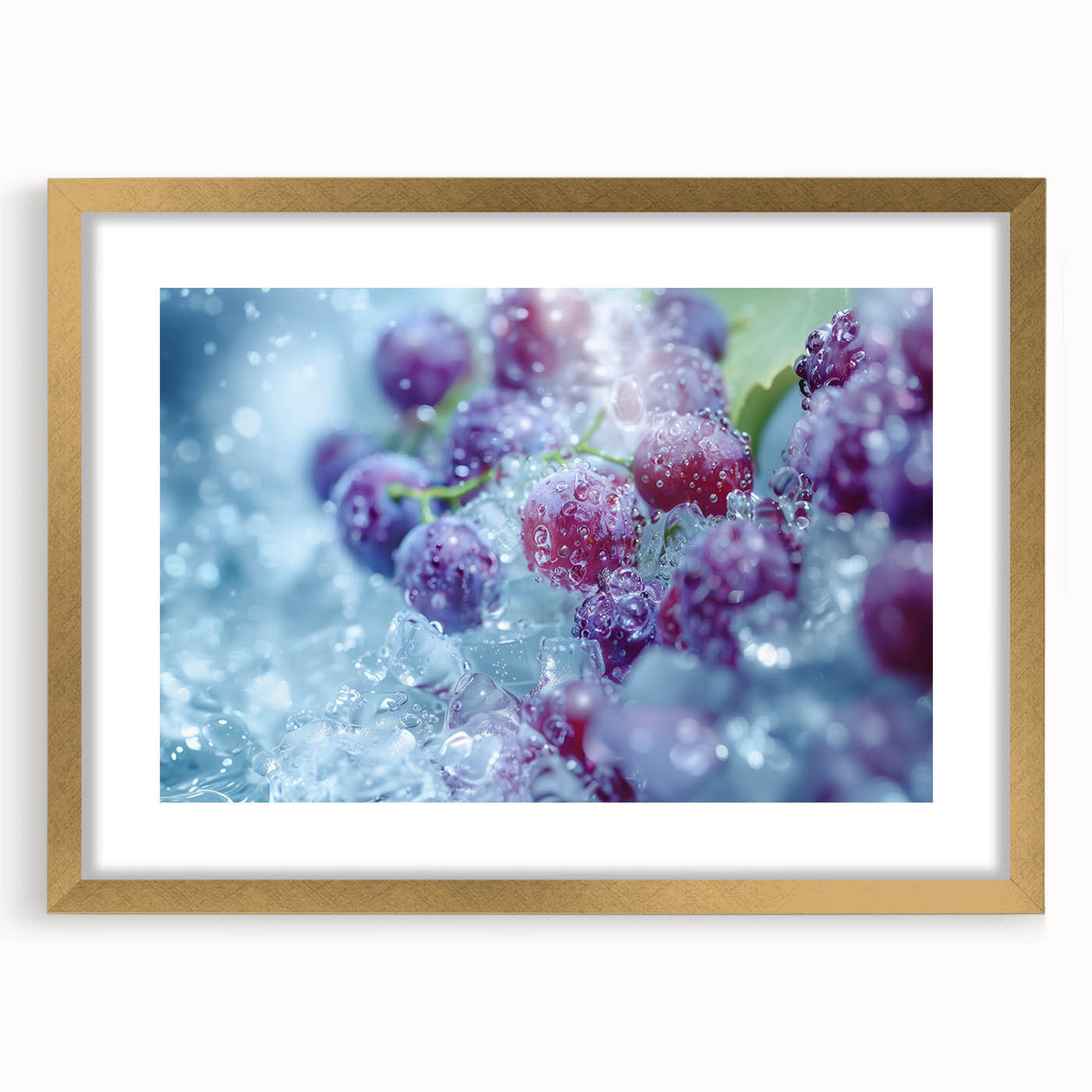 Textured art depicting abstract frost patterns in soft white and gray tones on a gold-framed canvas, ideal for bedroom art.