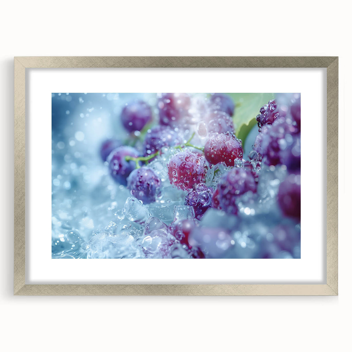 Abstract art print featuring a close-up of frost patterns in muted gray and silver, framed with a silver mat.
