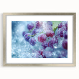 Abstract art print featuring a close-up of frost patterns in muted gray and silver, framed with a silver mat.