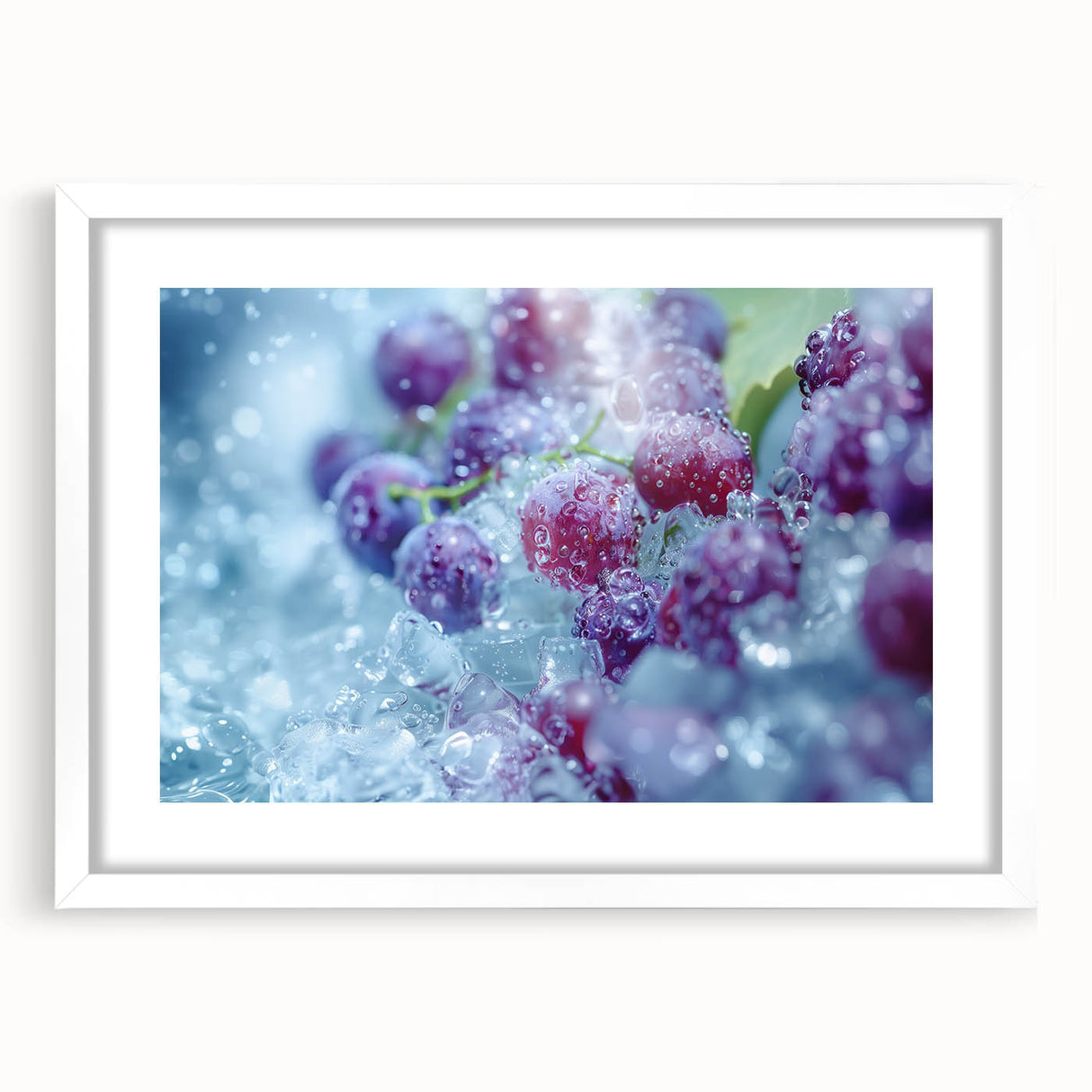 Extra large abstract art print featuring a close-up of frost patterns in gray and white tones, framed with a white mat.