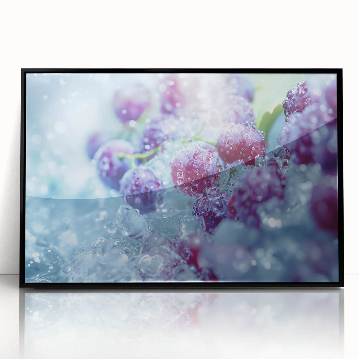 Framed acrylic print featuring large abstract wall art with intricate frost patterns in muted gray tones.