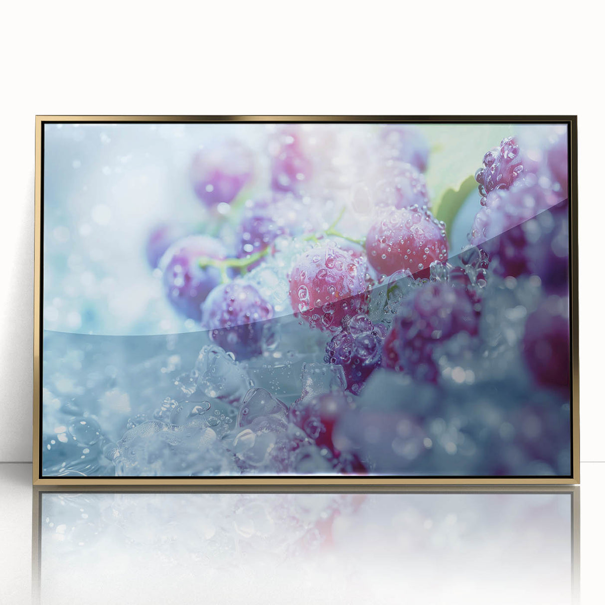 Framed acrylic print of a frost design in muted gray and blue tones.