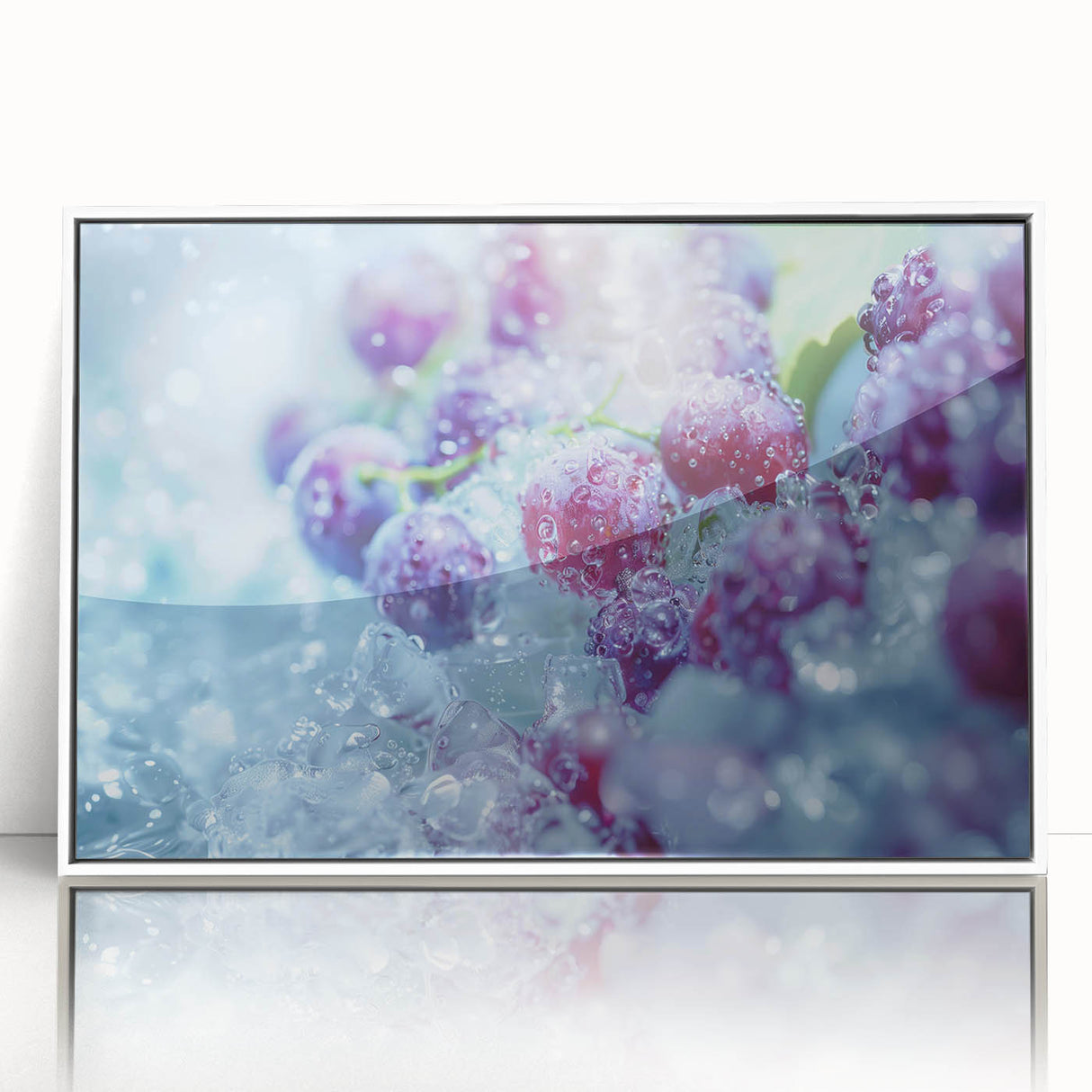 Framed acrylic print featuring a close-up of frost patterns in muted gray tones, ideal for modern art wall decor.