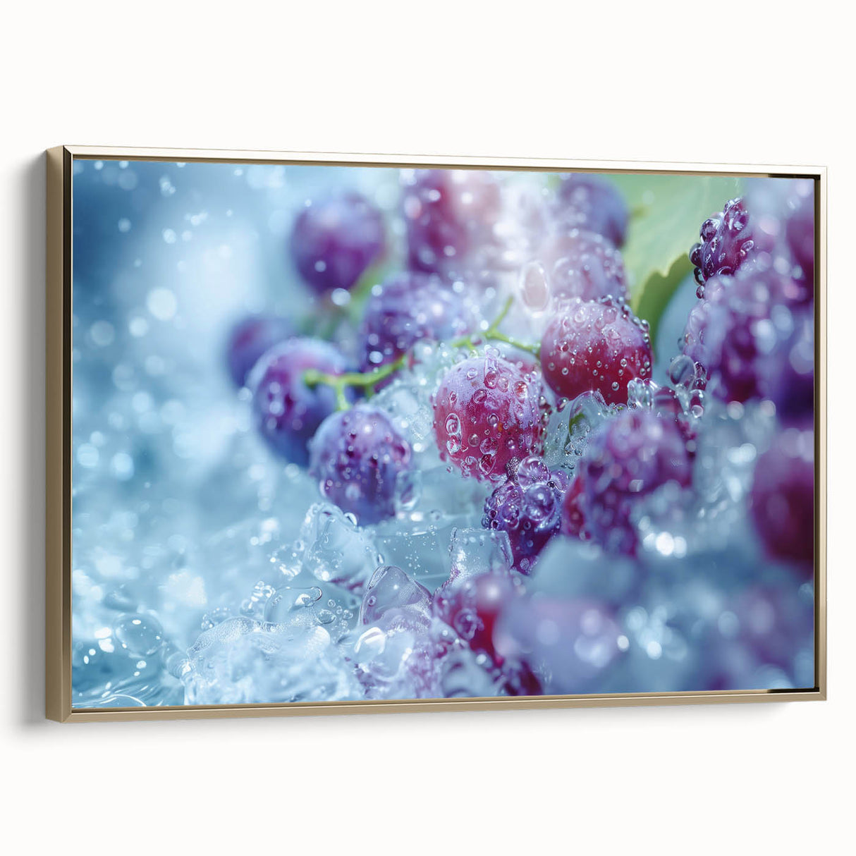 Framed canvas featuring a close-up landscape art painting of frost patterns in gold tones.