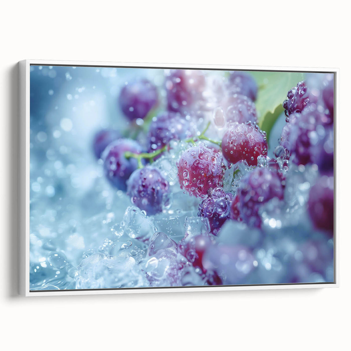 Framed canvas featuring a close-up of frost patterns in muted white and gray tones, suitable for bedroom wall art.