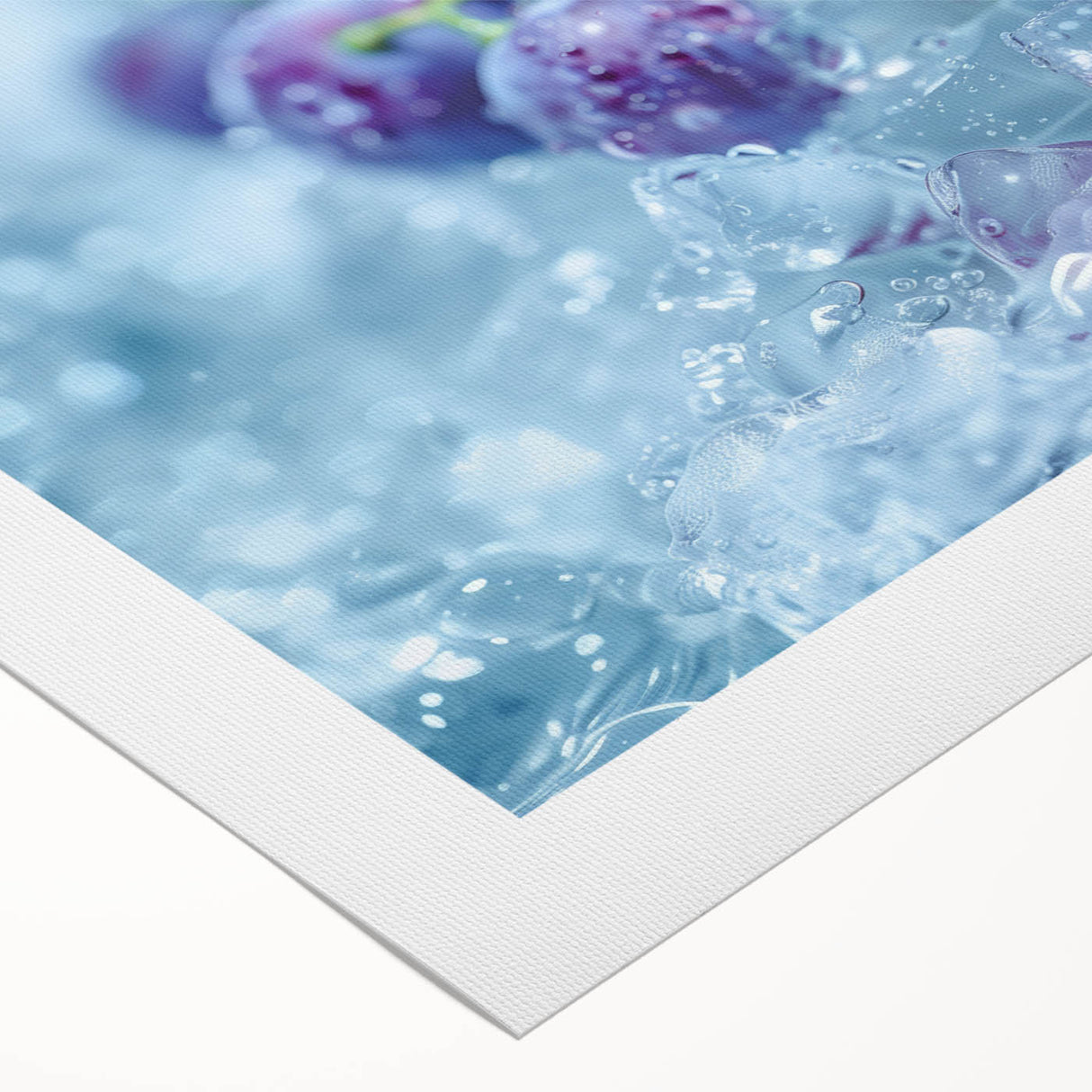 Art deco poster featuring a close-up of frost patterns in muted blue and white tones on rolled canvas.