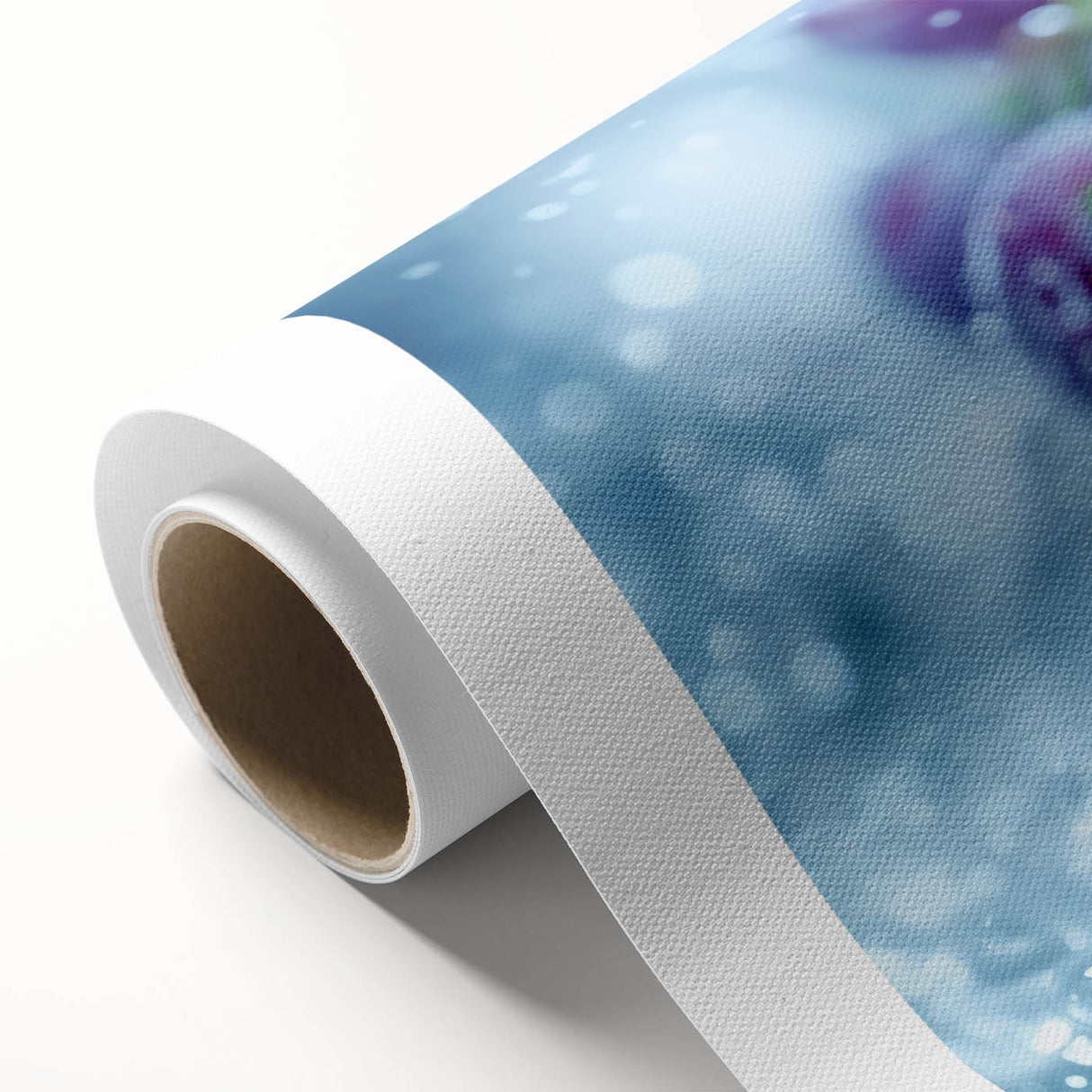 Frosted leaf pattern on a rolled canvas, featuring soft blue and white tones, suitable as nursery wall art.