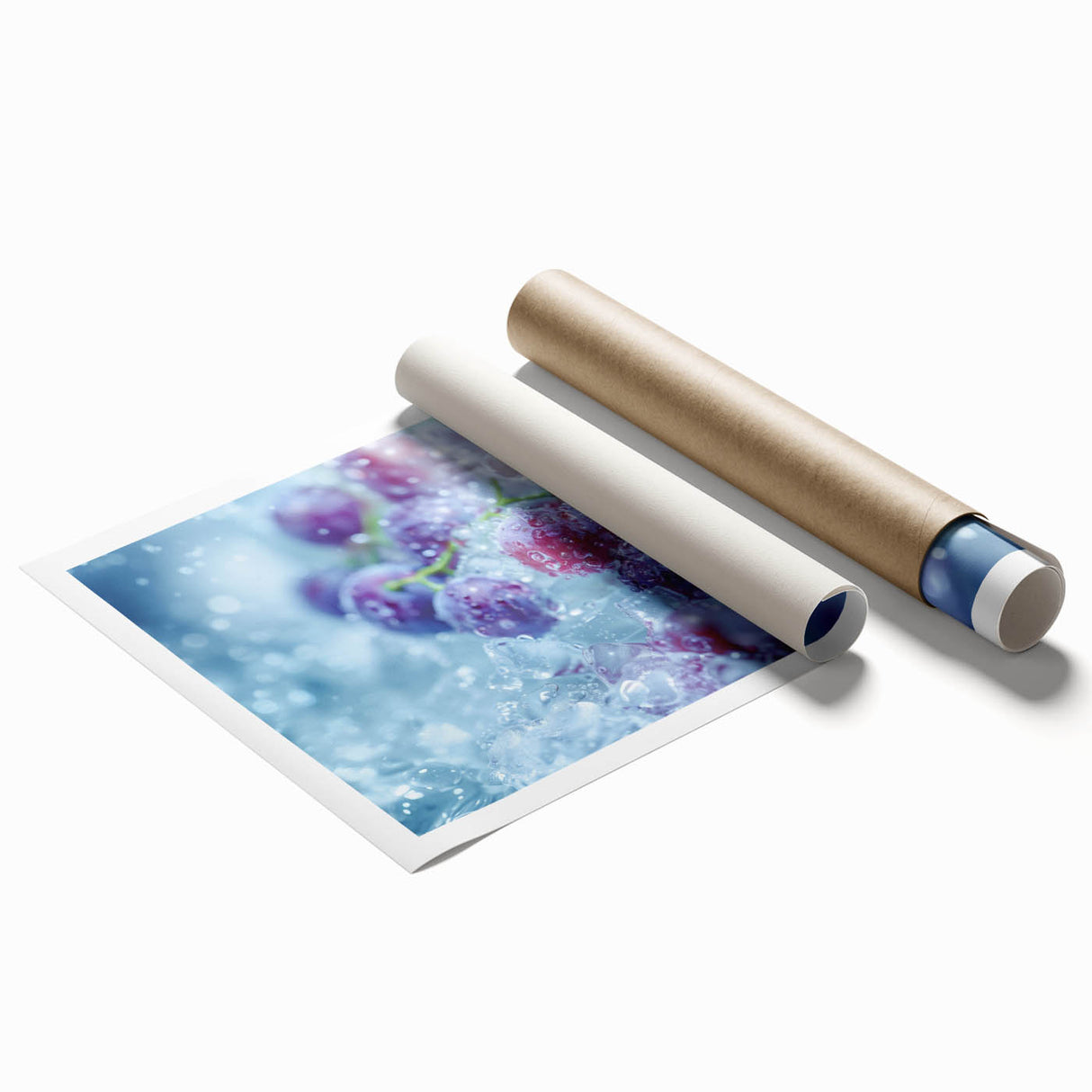 Close-up of frost patterns on ice in muted blue and white, large rolled canvas print, ideal for classy bathroom wall art.