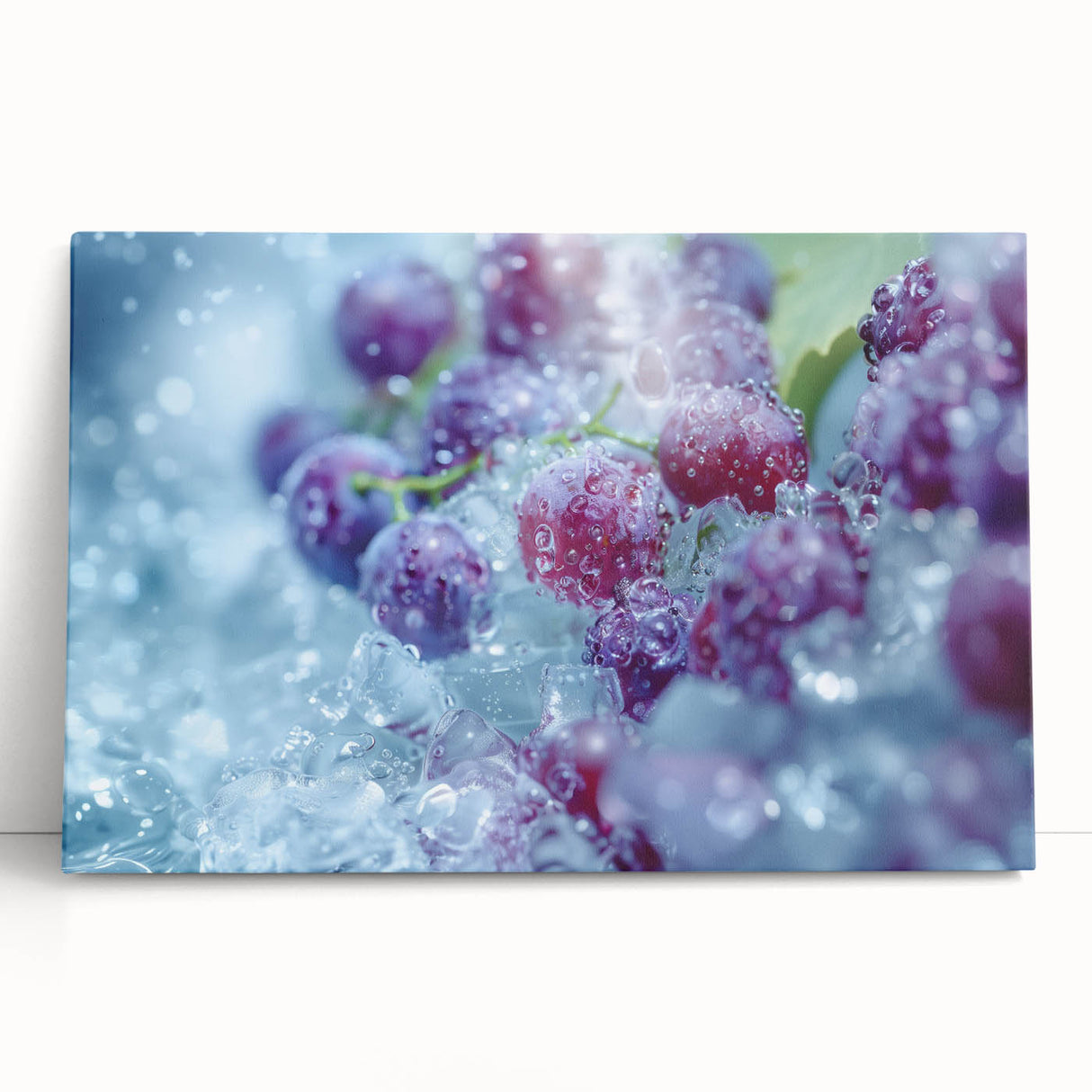 Black and white close-up image of frost patterns on ice, printed on large stretched canvas, ideal for kitchen wall art.