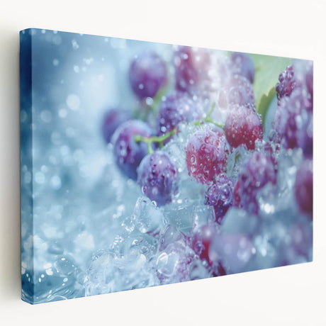 Close-up image of frost patterns on ice in muted blue and white tones, printed on stretched canvas.