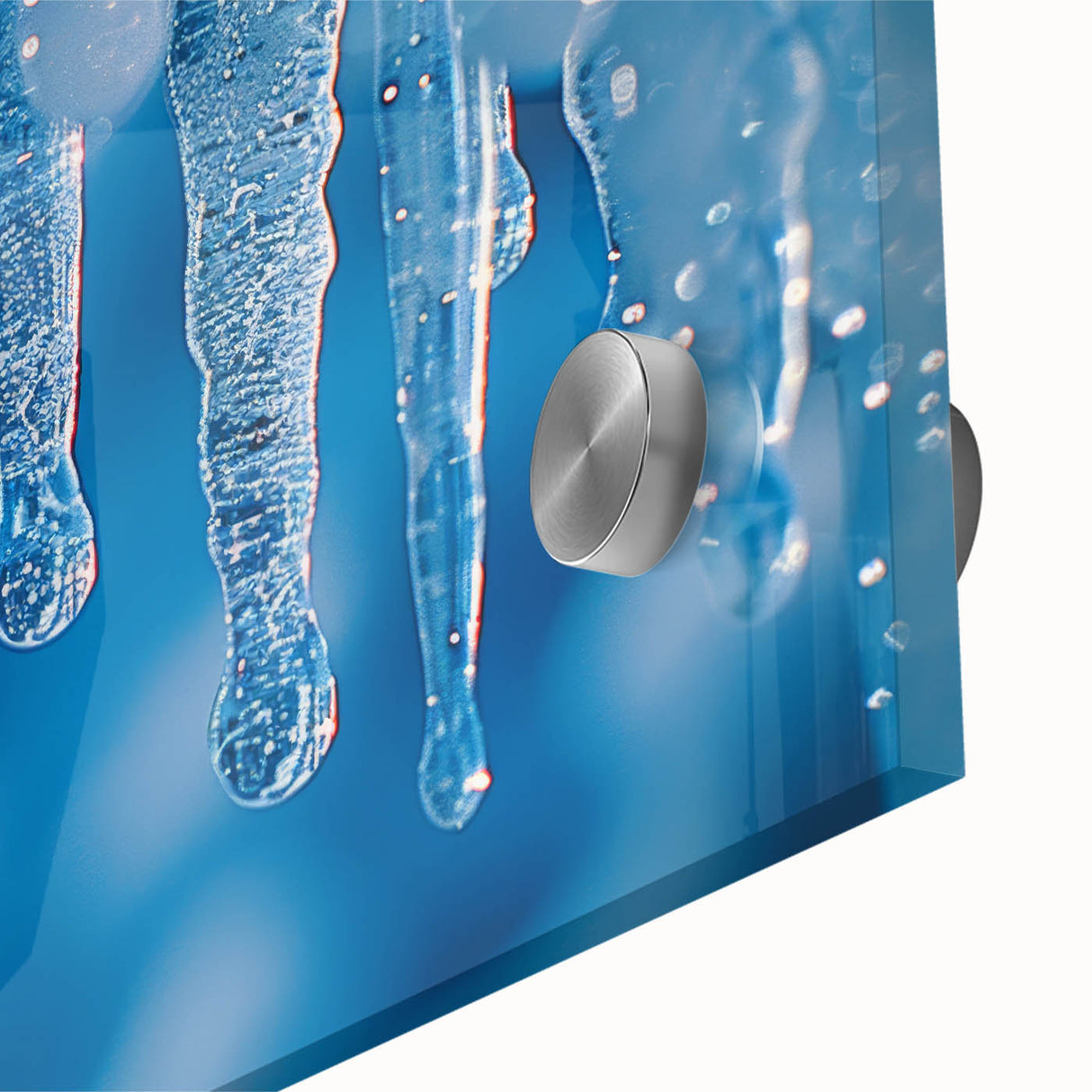 Acrylic glass print of a large abstract frost design in cool blue and white tones, ideal for dining room art.