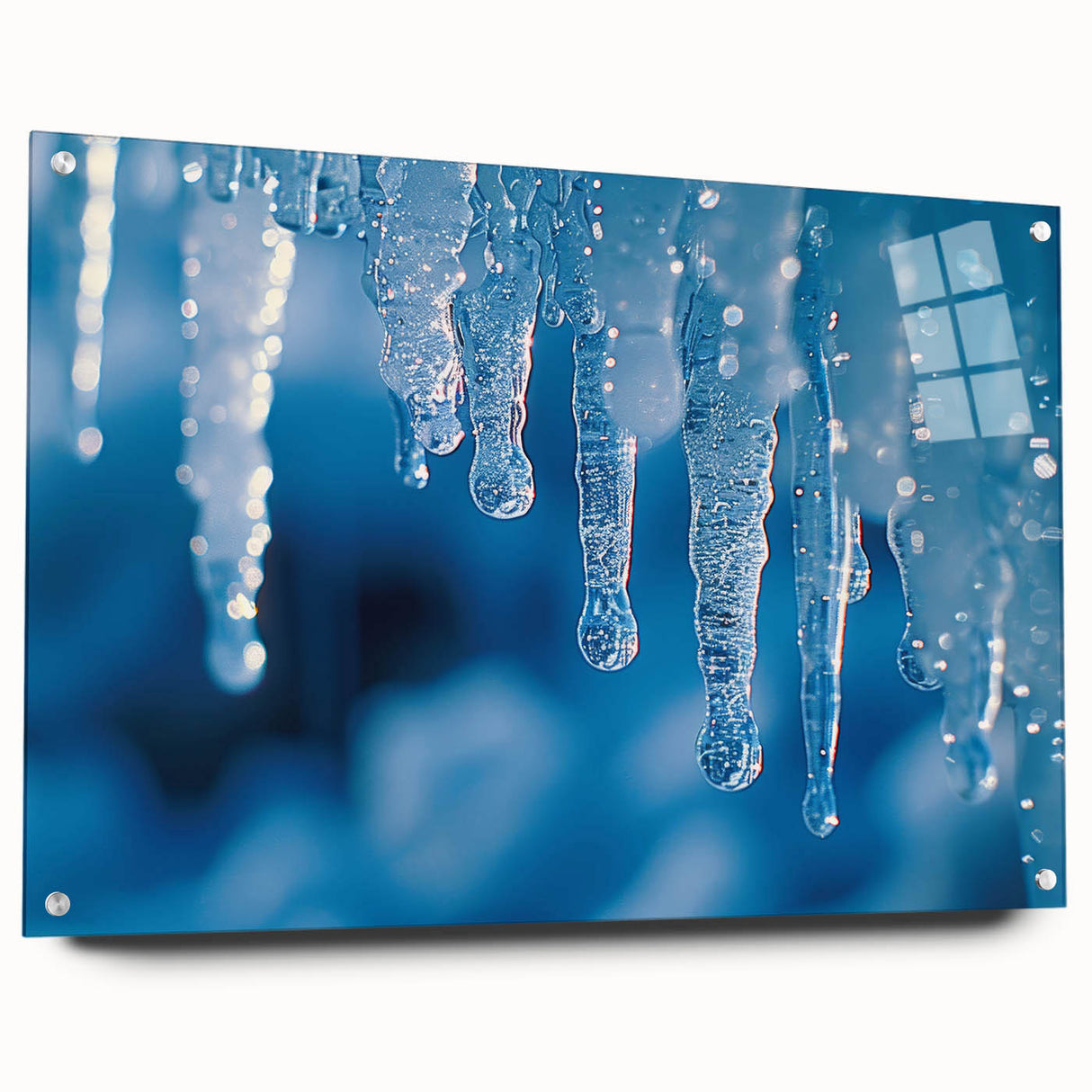 Close-up of frost patterns in muted blue and white, acrylic glass print, suitable for dining room decor.