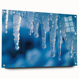 Close-up of frost patterns in muted blue and white, acrylic glass print, suitable for dining room decor.