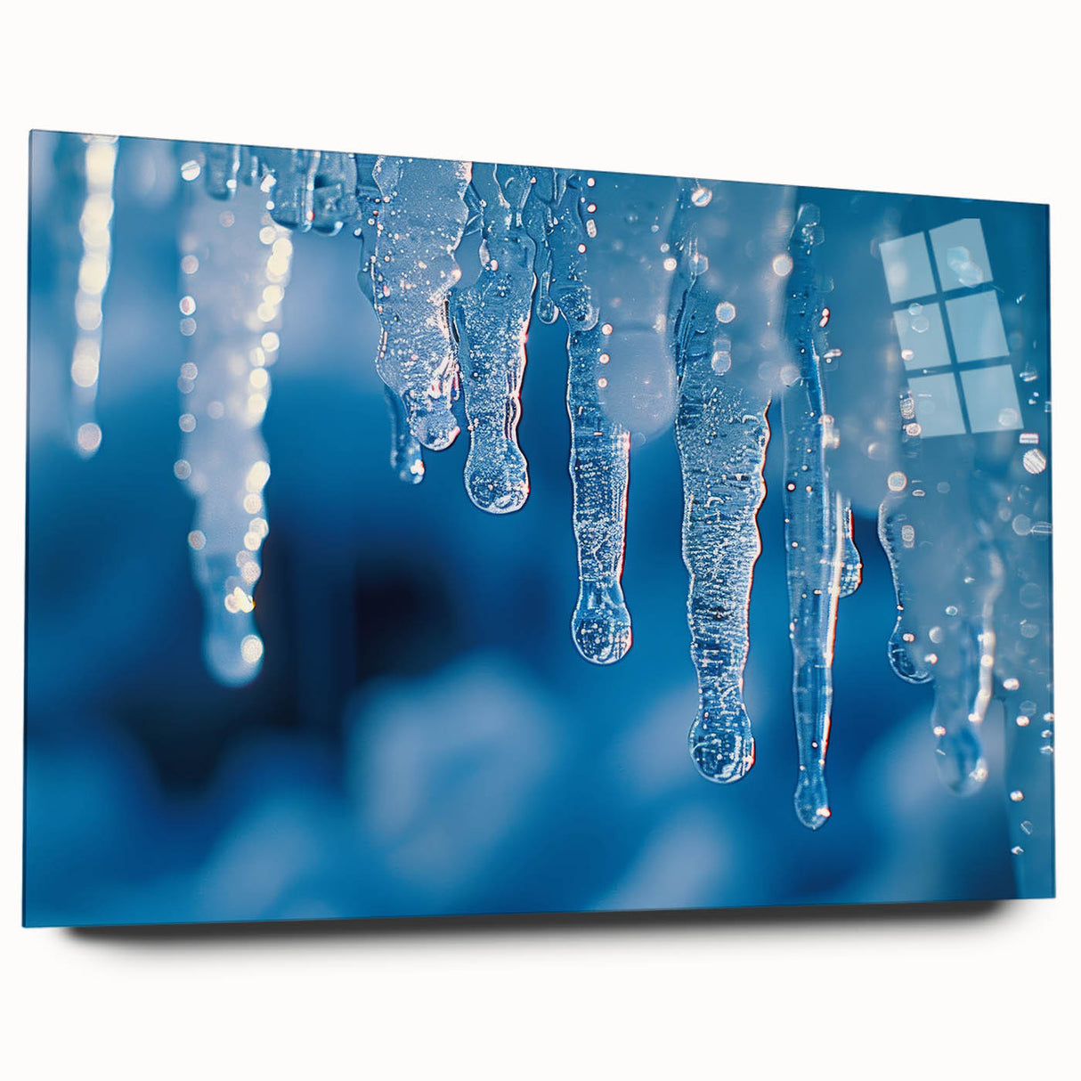 Close-up of frost patterns on acrylic glass, in muted blue and white tones.