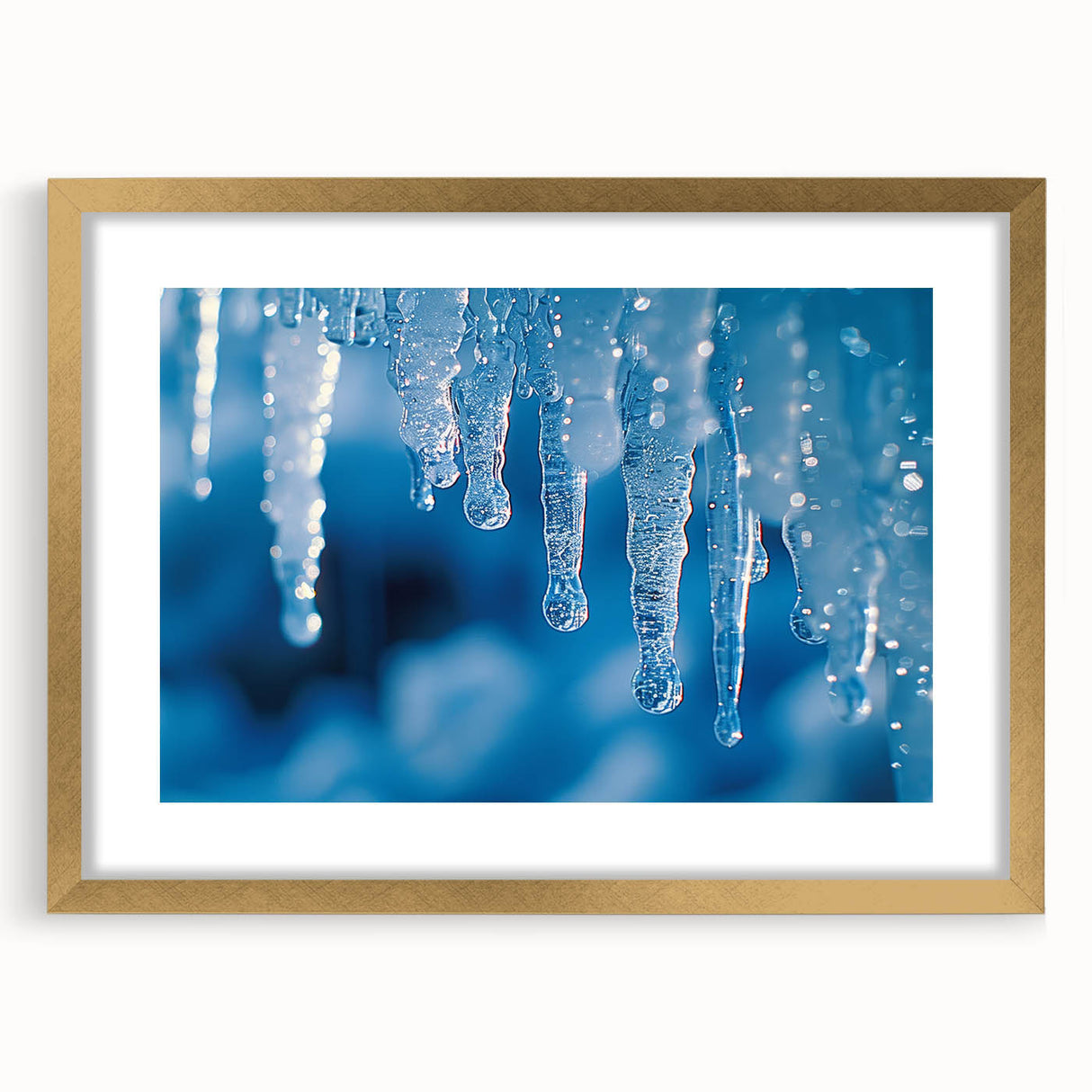 Textured art depicting abstract frost patterns in gray and white tones, framed in gold, ideal for bedroom art.