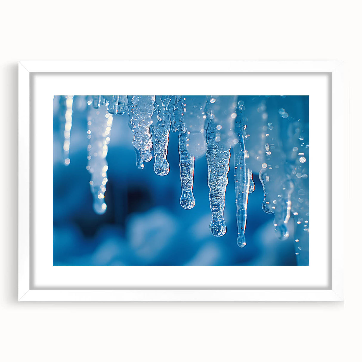 Extra large abstract art print featuring textured frost patterns in cool blue and white tones, framed with a white mat.