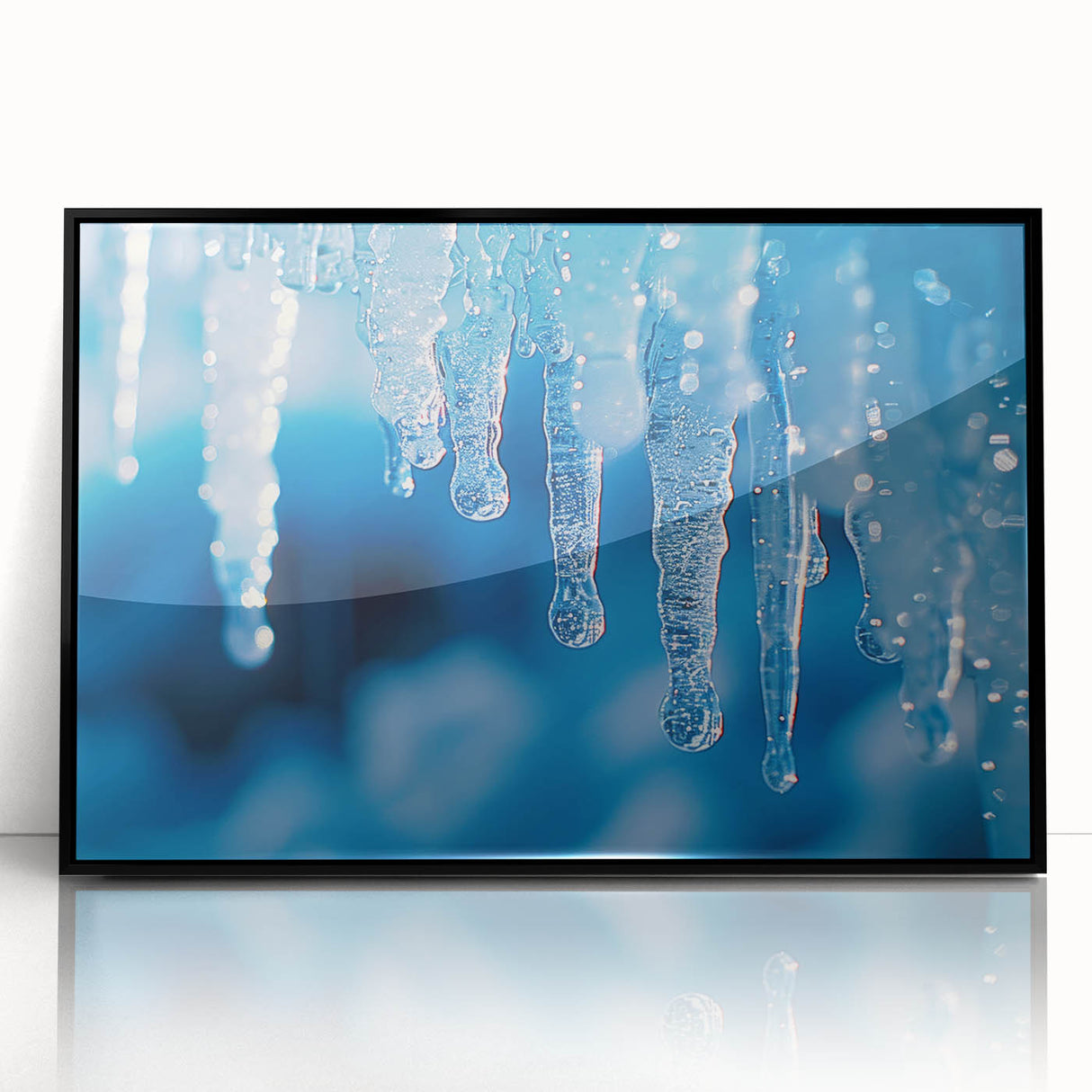 Large abstract wall art depicting frost patterns in muted gray tones on a framed acrylic.
