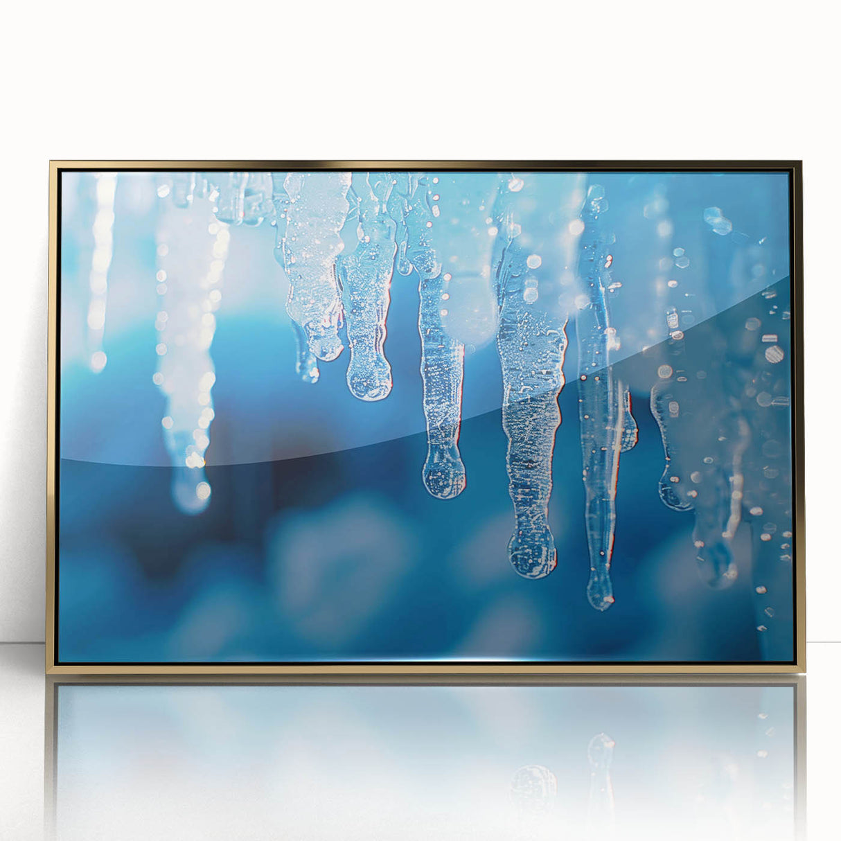 Mid-century modernist art depicting a close-up of frost on ice in muted blue and white tones, framed in gold acrylic.