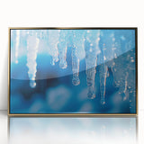 Mid-century modernist art depicting a close-up of frost on ice in muted blue and white tones, framed in gold acrylic.