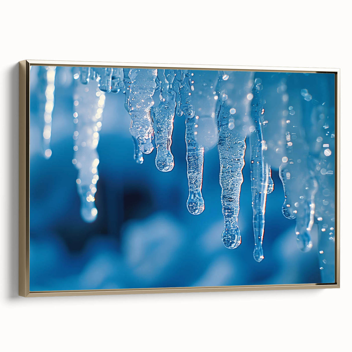 Framed canvas featuring a close-up landscape art painting of frost patterns in gold tones.