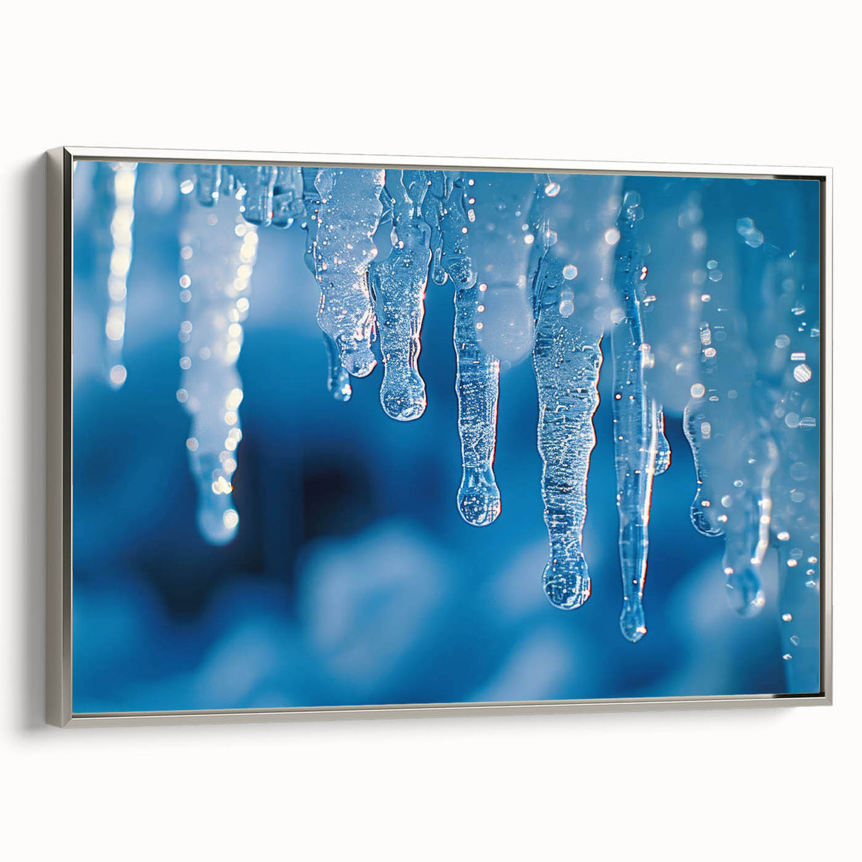 Vintage poster art of a frost design in silvery hues on a framed canvas, ideal for living room decor.