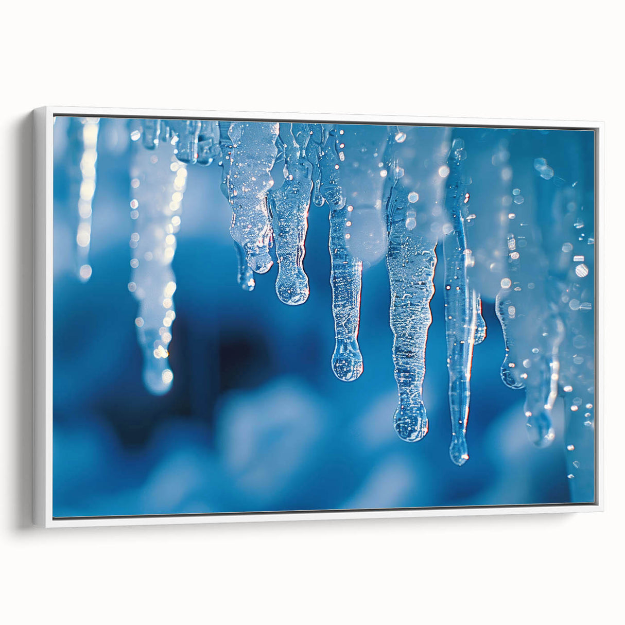 Framed canvas featuring a close-up of ice with a frost design in grayscale, ideal for bedroom wall art.