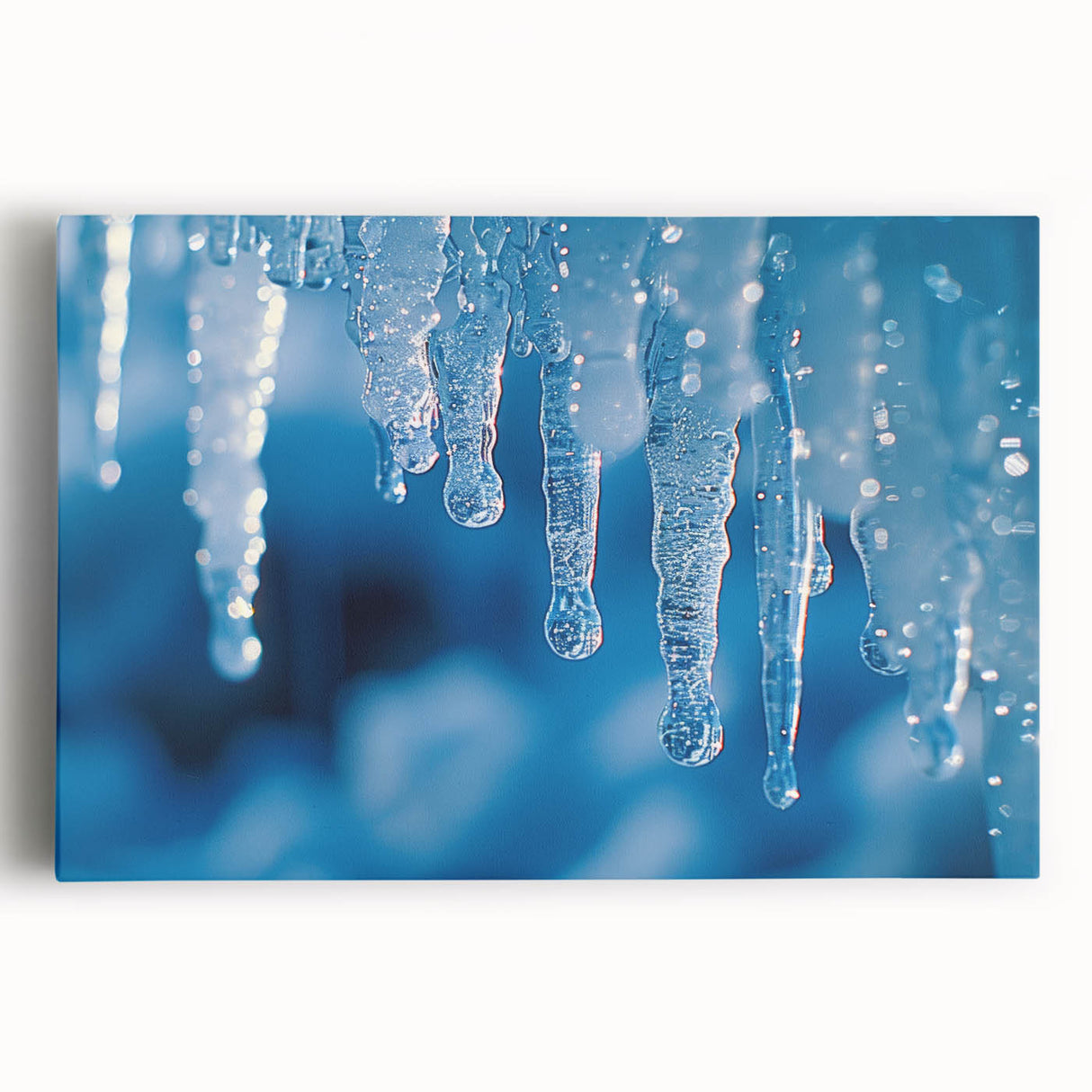 Black and white close-up photo of frost patterns on ice, printed on large stretched canvas, suitable for kitchen wall art.