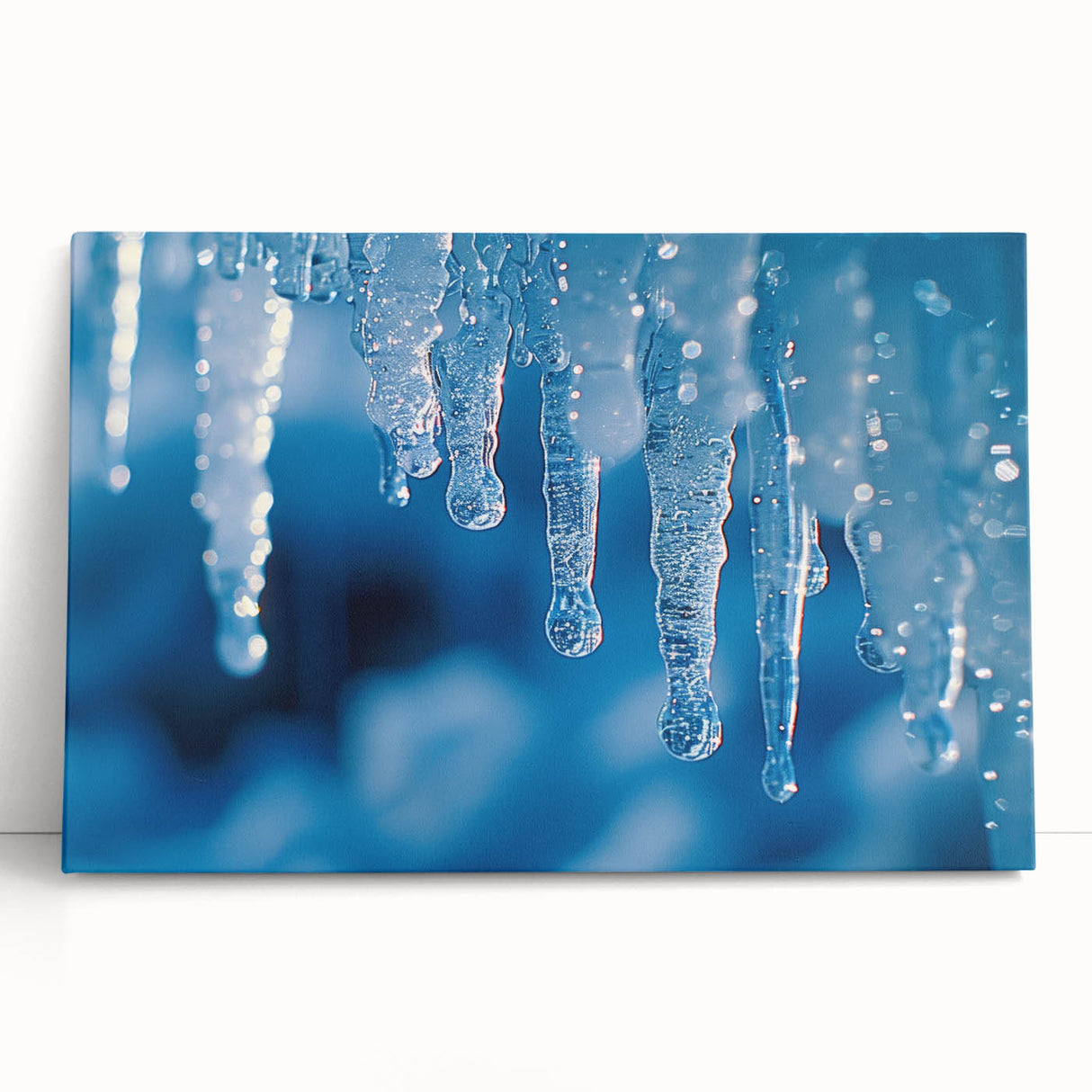 Close-up image of frost patterns in black and white on stretched canvas, ideal for kitchen wall art.