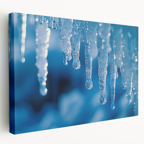 Close-up image of frost patterns in muted blue and white tones on stretched canvas, suitable for kitchen wall art.