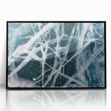 Framed acrylic print of a large abstract wall art featuring frost-like patterns in muted gray tones.