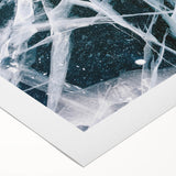 Art deco poster featuring a close-up of frost patterns in blue and white tones on rolled canvas.