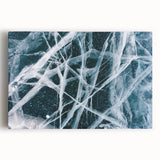 Close-up of ice with frost patterns in black and white on stretched canvas, suitable for kitchen wall art.